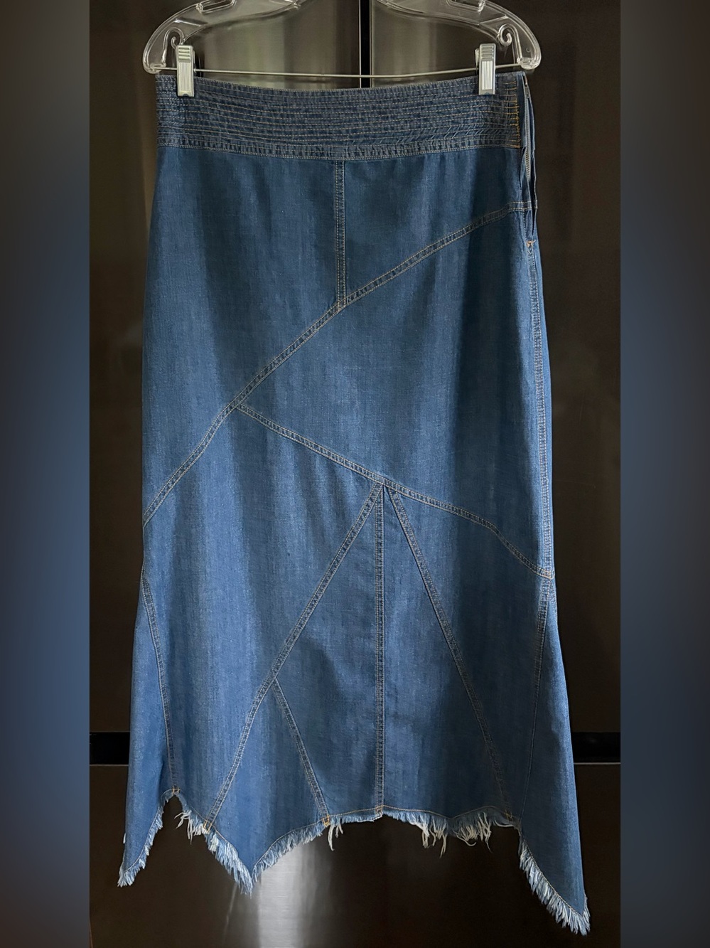Lagenlook Boho Chic Medium Wash Patchwork Multi Seam Denim Maxi Skirt EUC Sz M